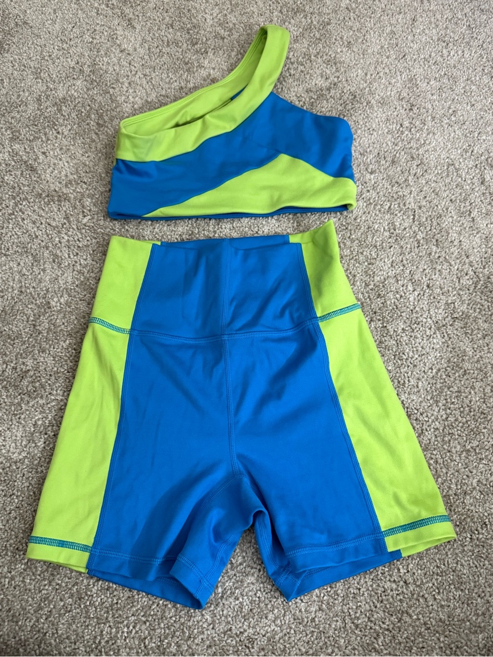 Jo and Jax One-Shoulder Set in Bright Blue & Lime Green